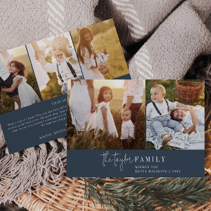 Modern Chic Navy Family Photo Collage Newsletter Holiday Card