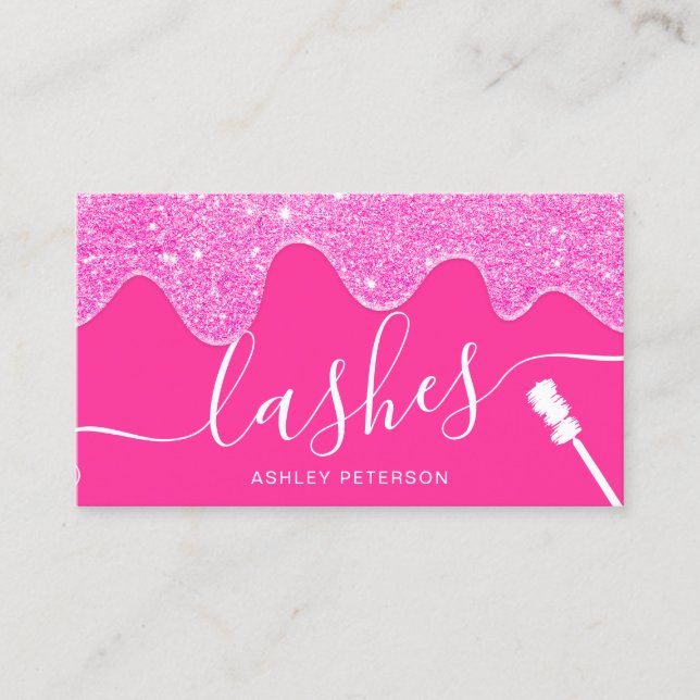 Modern chic neon pink drips lashes brush business card (Front)