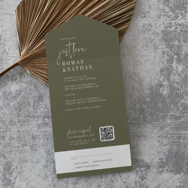 Modern Chic Olive Green Just Love QR Code Wedding All In One Invitation (Creator Uploaded)