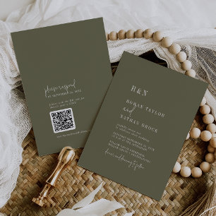 Modern Chic Olive Green Monogram QR Code Wedding Invitation