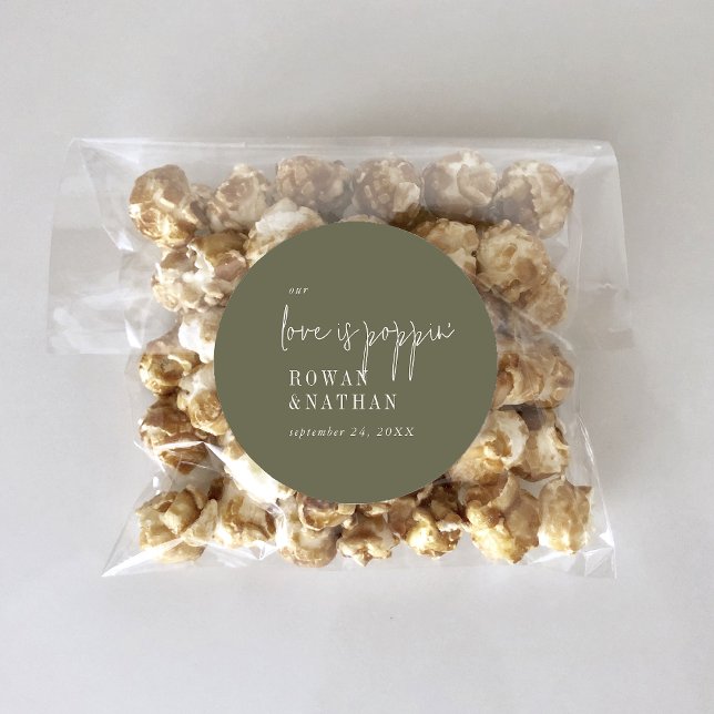 Modern Chic Olive Green Our Love Is Poppin Classic Round Sticker (Creator Uploaded)