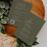 Modern Chic Olive Green Weekend Events QR Wedding Invitation<br><div class="desc">This modern chic olive green weekend events QR wedding invitation is perfect for a simple wedding. The woodsy boho design features rustic unique and stylish bohemian typography in a minimal woodland forest green colour. Save paper by including the weekend schedule of events on the back of the wedding invitation instead...</div>