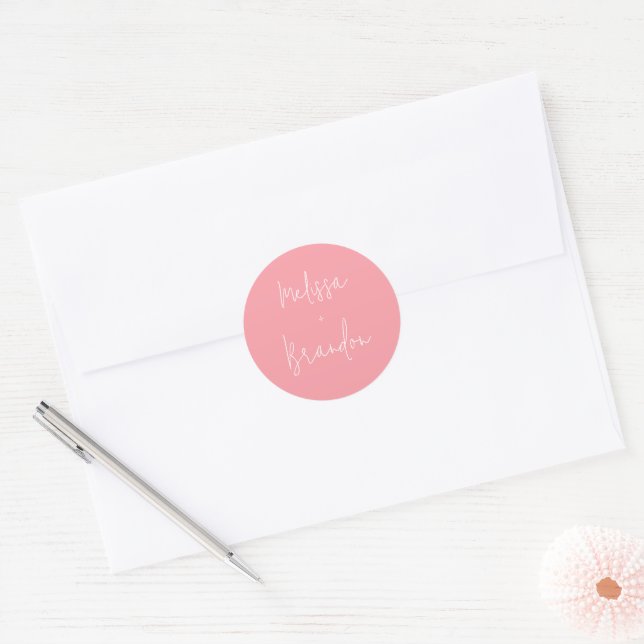Modern Chic Pastel Pink Wedding Script Envelope Classic Round Sticker (Envelope)