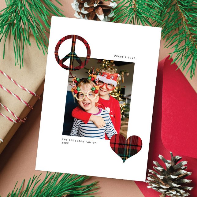 Modern Chic Peace & Love Red Tartan 1 Photo  Holiday Card (Creator Uploaded)