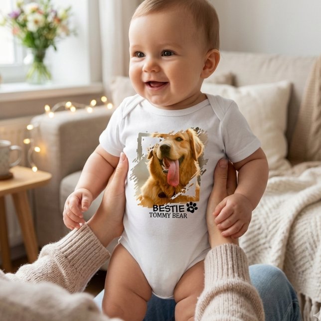Modern Chic Pet Bestie BFF Custom Photo & Name Baby Bodysuit (Minimalist Modern Chic Pet Bestie BFF Photo Design Bodysuit)