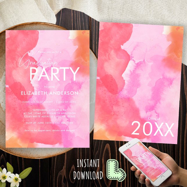 Modern Chic Pink and Orange Graduation Party Invitation (Creator Uploaded)