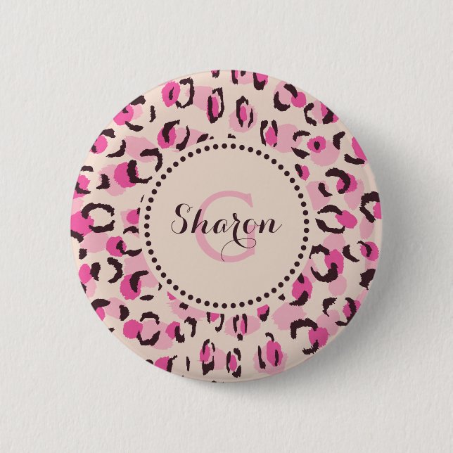 Modern chic pink cheetah print pattern monogram 6 cm round badge (Front)