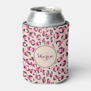 Modern chic pink cheetah print pattern monogram can cooler