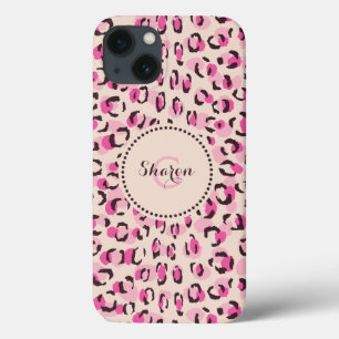 Modern chic pink cheetah print pattern monogram iPhone 13 case