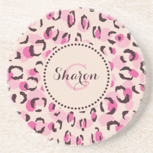 Modern chic pink cheetah print pattern monogram coaster
