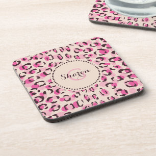 Modern chic pink cheetah print pattern monogram coaster