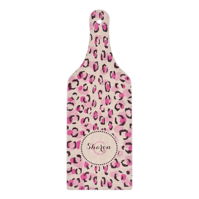 Modern chic pink cheetah print pattern monogram cutting board (Front)