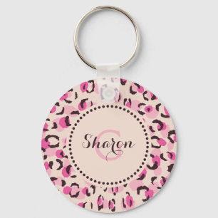 Modern chic pink cheetah print pattern monogram key ring