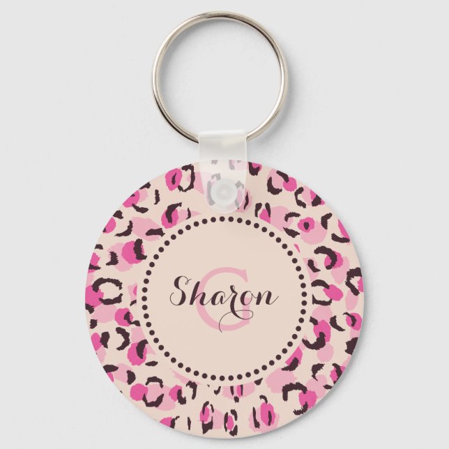Modern chic pink cheetah print pattern monogram key ring (Front)