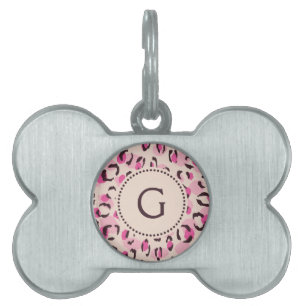 Modern chic pink cheetah print pattern monogram pet name tag