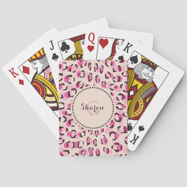 Modern chic pink cheetah print pattern monogram playing cards (Back)
