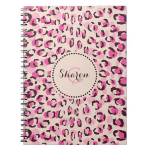 Modern chic pink cheetah print pattern monogram spiral notebook