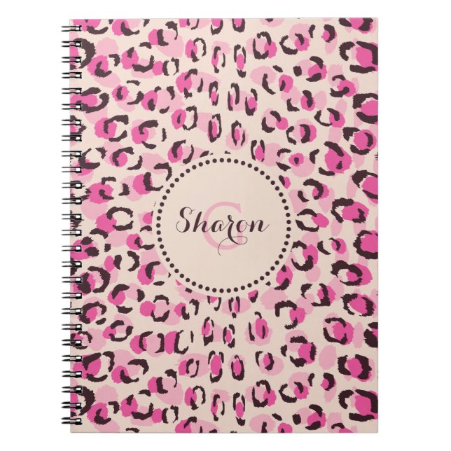 Modern chic pink cheetah print pattern monogram spiral notebook (Front)