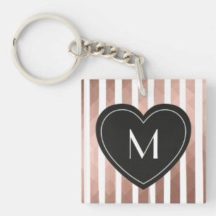 Modern chic pink gold stripes black heart monogram key ring