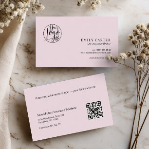 Modern Chic Pink Life Insurance Broker QR Code  Business Card