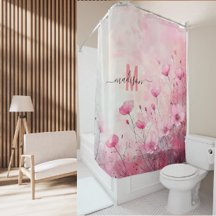 Modern Chic Pink Monogram Elegant Script Wedding Shower Curtain