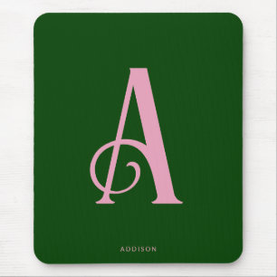 Modern Chic Pink Monogram Initial on Dark Green Mouse Pad