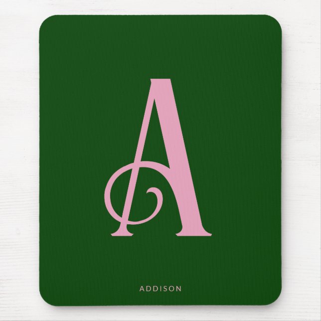 Modern Chic Pink Monogram Initial on Dark Green Mouse Pad (Front)