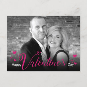 Modern Chic Pink Script Hearts Black White Photo Holiday Postcard
