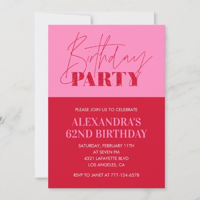Modern Chic Pink Typography 62nd birthday Party Invitation (Front)