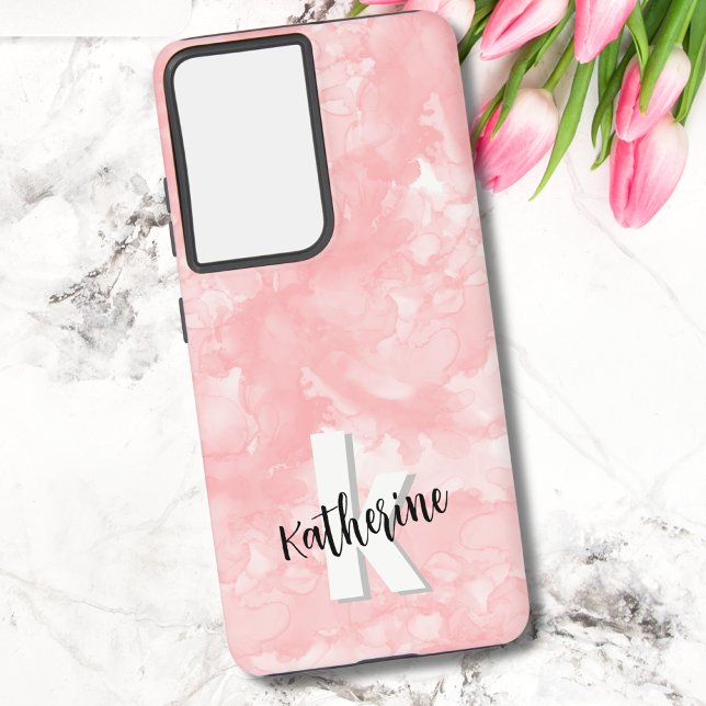 Modern Chic Pink Watercolor Initials Monogram Samsung Galaxy S21+ Case (Stylish Pink Watercolor Initials Monogram Samsung Galaxy S21+ Case)