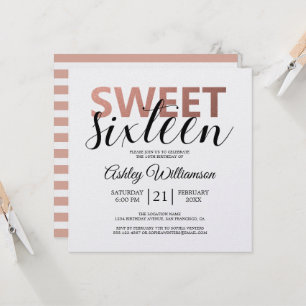 Modern Chic Pink White Stripes Pink Sweet 16 Invitation