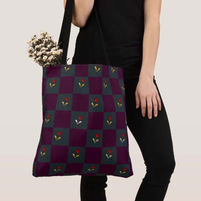Modern Chic Plaid With Flower  Tote Bag (Close Up)