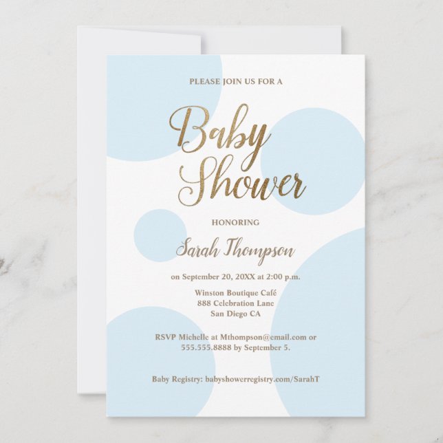 Modern Chic Polka dot Gold Blue Baby Shower  Invitation (Front)