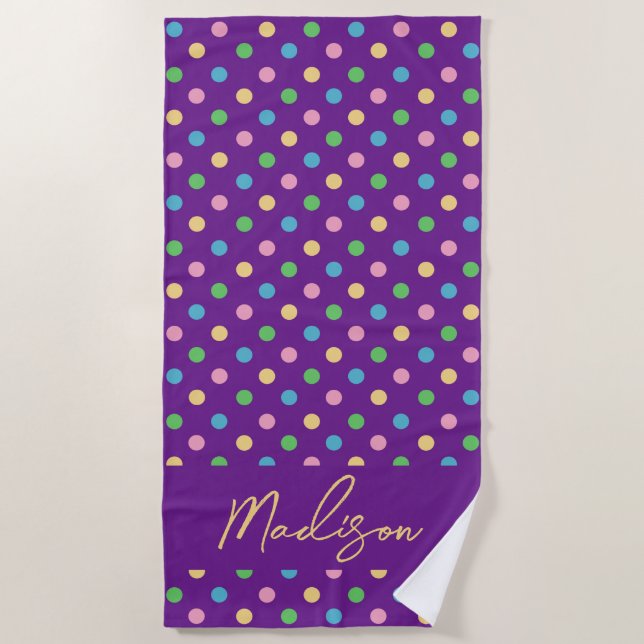 Modern Chic Polka Dots Personalised Purple Beach Towel (Front)