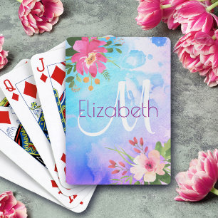 Modern Chic Purple Blue Floral Watercolor Monogram Playing Cards