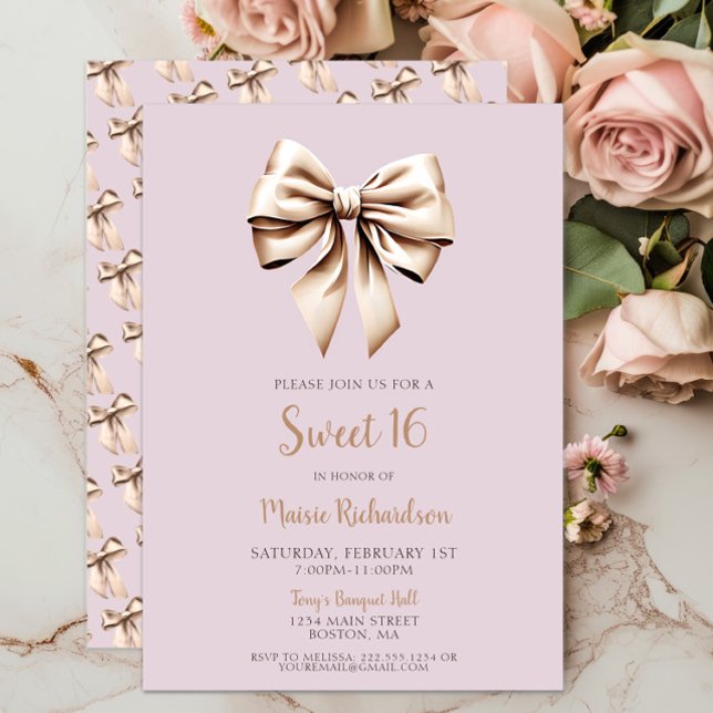 Modern Chic Purple Coquette Bow Sweet 16 Invitation (Chic Lilac Coquette Bow Sweet 16, Sweet Sixteen 16th Birthday, Classic, Trendy, Modern, Script, Bows)