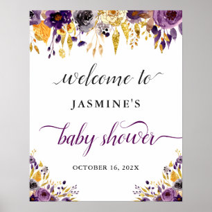 Modern Chic Purple Gold Floral Baby Shower Sign
