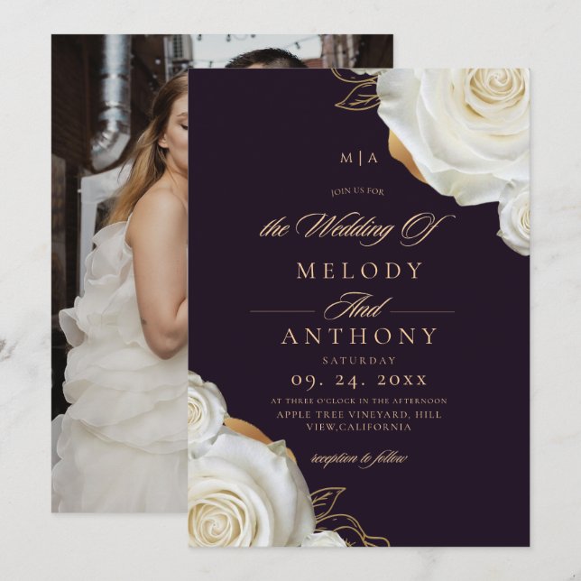Modern Chic Purple White Rose Wedding  Invitation (Front/Back)