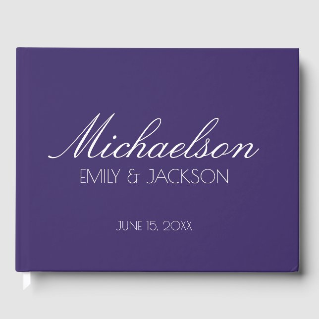 Modern Chic Purple White Script Wedding Guest Book (Front)