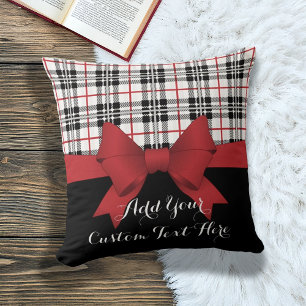 Modern Chic Red Bow Ribbon Black Tartan Plaid Cushion