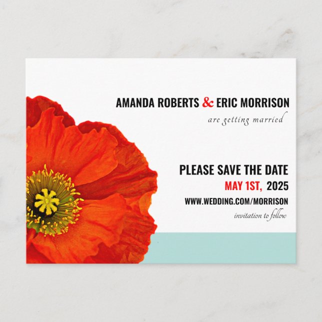 Modern Chic Red Poppy Mint Teal Save The Date Postcard (Front)