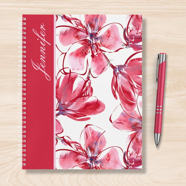 Modern Chic Red Tropical Floral Personalised Name Notebook (Creator Uploaded)