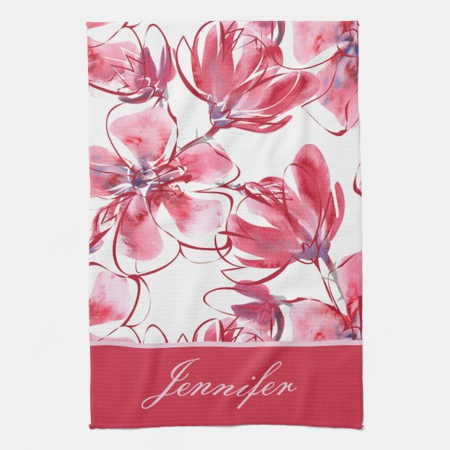 Modern Chic Red Tropical Floral Personalised Name Tea Towel (Vertical)