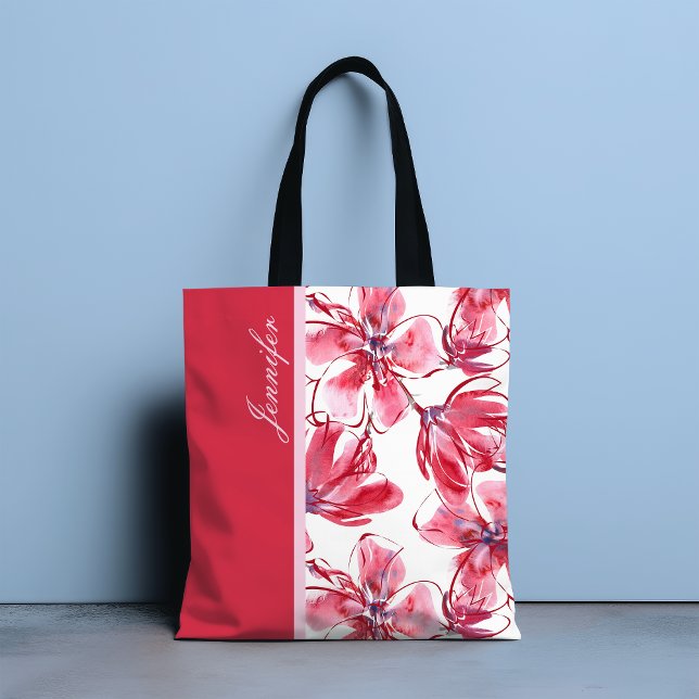 Modern Chic Red Tropical Floral Personalised Name Tote Bag (Creator Uploaded)