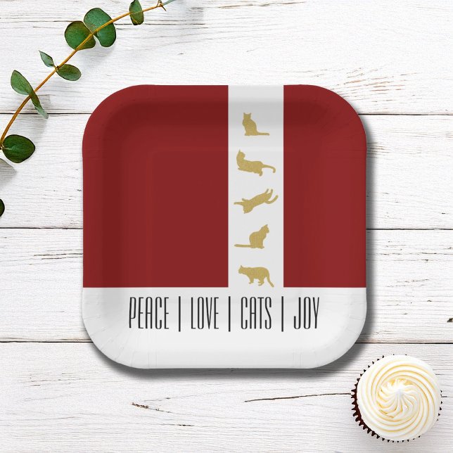 Modern Chic Red White Gold Cat Christmas Paper Plate (Creator Uploaded)