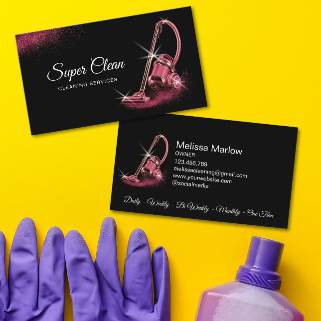 Modern Chic Residential Commercial House Cleaning Business Card (pink glitter vacuum cleaner)