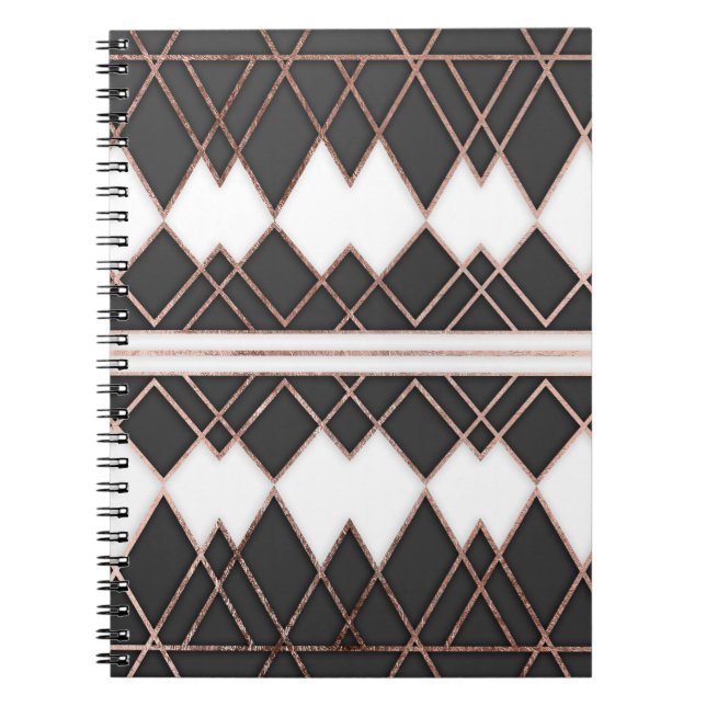 Modern Chic Rose Gold Black and White Triangles Spiral Notebook (Front)