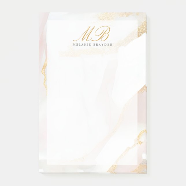 Modern Chic Rose Gold Blush Pink Marble Monogram Post-it Notes (Front)