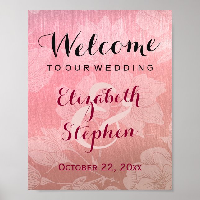 Modern Chic Rose Gold Floral Wedding Sign Poster (Front)