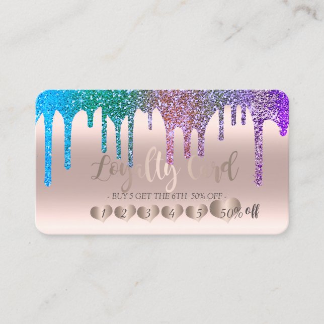 Modern Chic Rose Gold Hearts Rainbow Glitter Drips Loyalty Card (Front)